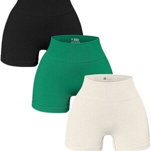OQQ Women's High-Waisted Ribbed Shorts - Black, Green, and Cream